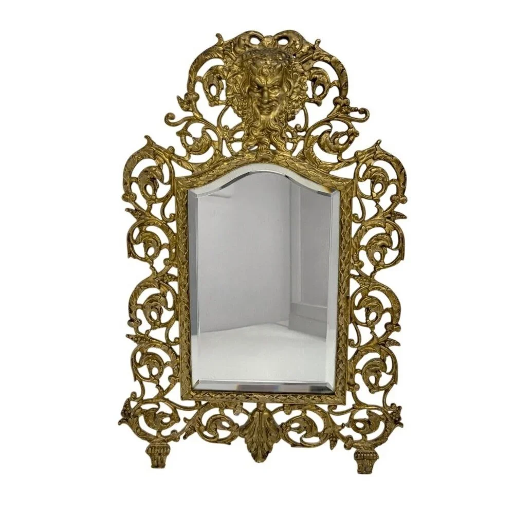 1800s Antique Victorian Bacchus Gilded Brass Wall Mirror Beveled Glass